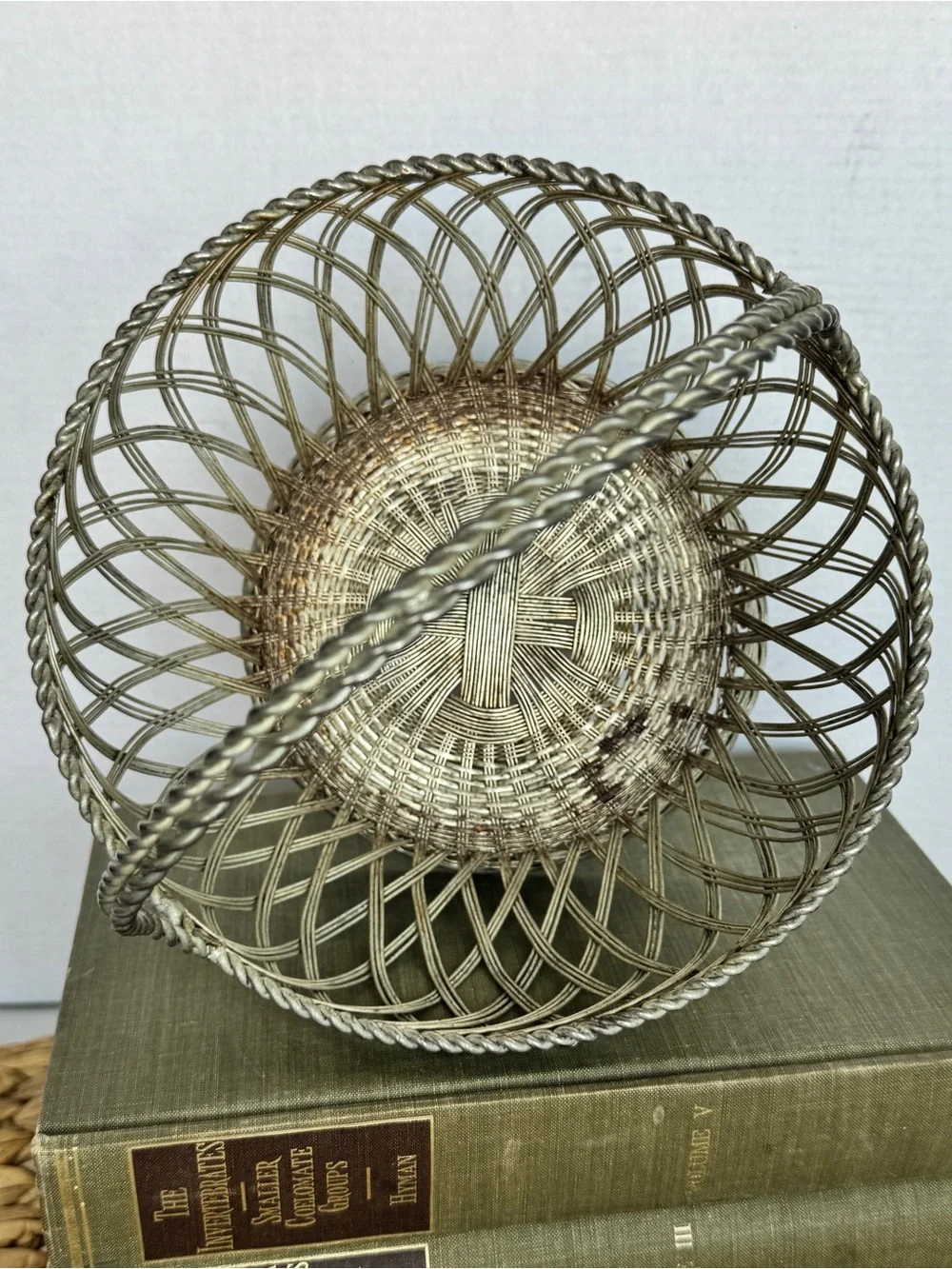 Vintage Silver Woven Wire Basket with Handle Decorative Home Accent